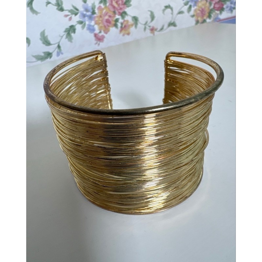 Gold Tone Multi Strand Wire Cuff Bracelet Wide Stacked Layered Statement Jewelry